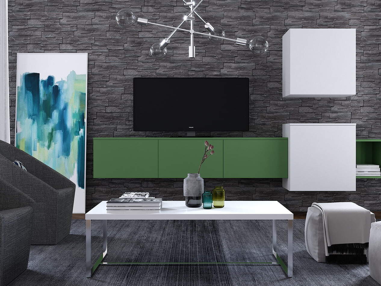 centro kitchen, living, furniture for every household, table, living room, arm chair, tv furniture, dark green color, white units, meadow