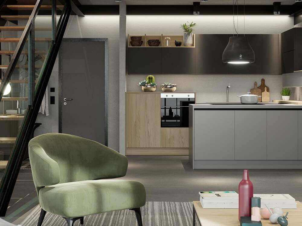 centro kitchen, kitchen, design collection, modern kitchen, light color, light green, arm chair, small kitchen, cannoli