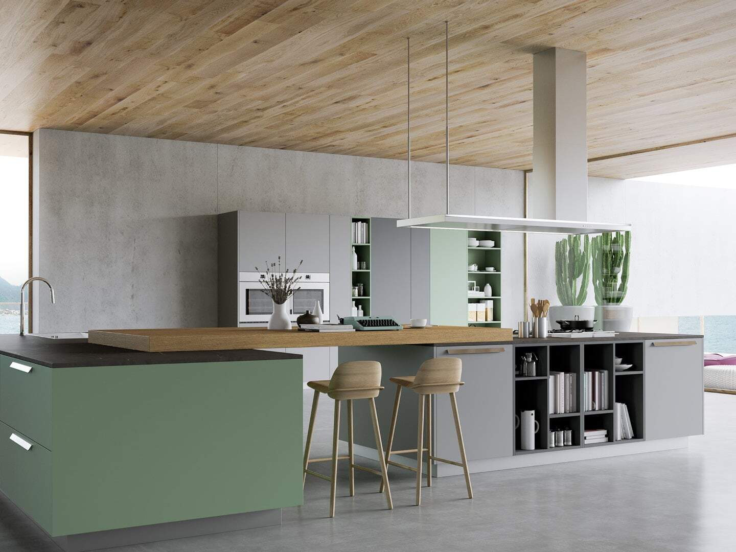 centro kitchen, kitchen, design collection, modern kitchen, green, grey, light wood, kitchen island, cassata