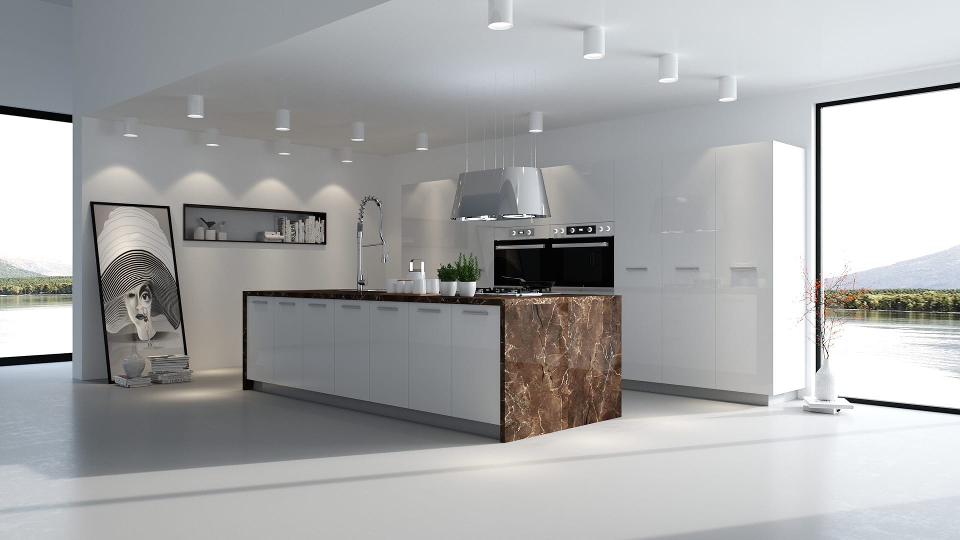 centro kitchen, kitchen, design collection, modern kitchen, glossy white, dark marble, panna cotta