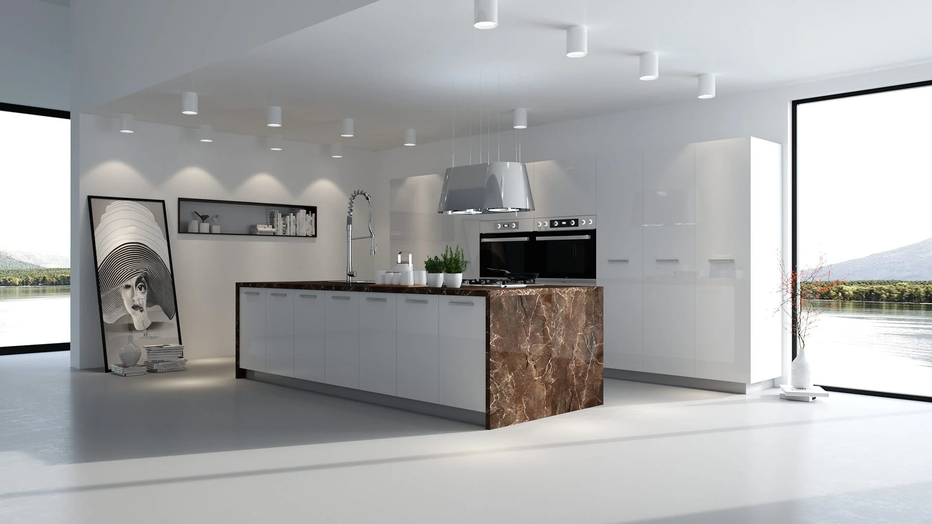 centro kitchen, kitchen, design collection, modern kitchen, glossy white, dark marble, panna cotta