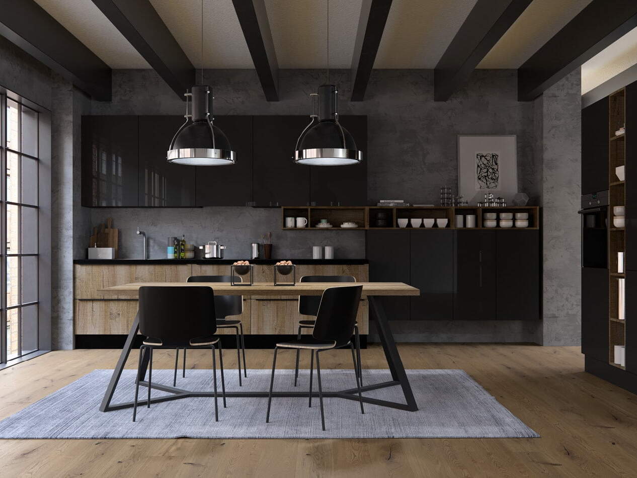 centro kitchen, kitchen, design collection, modern kitchen, dark wood, glossy black colors, table, industrial, kesten