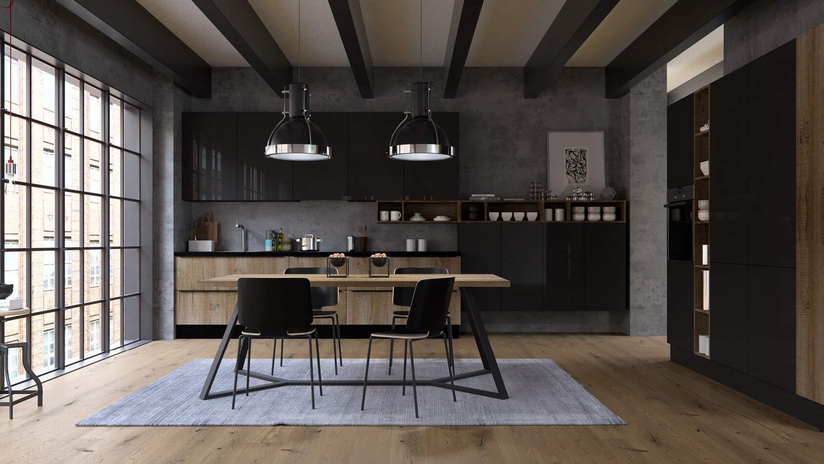 centro kitchen, kitchen, design collection, modern kitchen, dark wood, glossy black colors, table, industrial, kesten