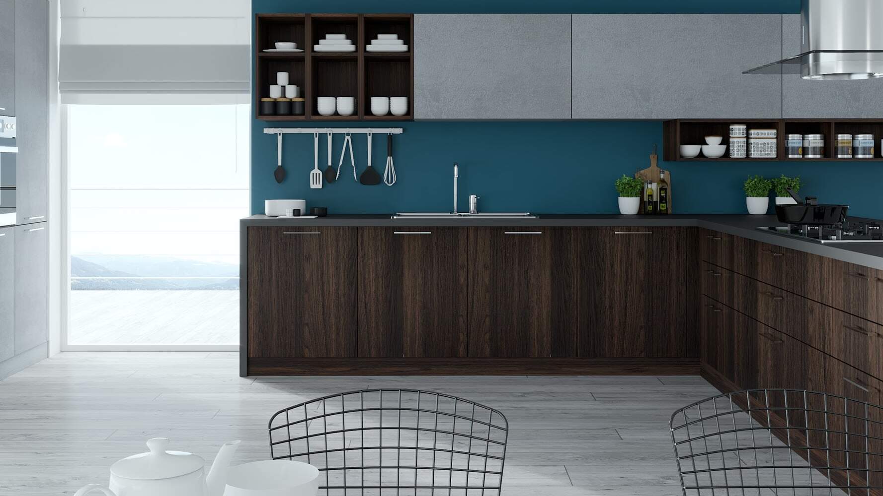 centro kitchen, kitchen, design collection, modern kitchen,dark wood, blue green, semmel