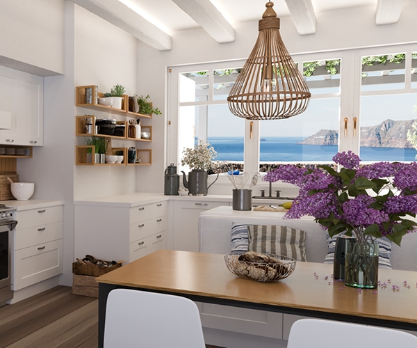 centro kitchen κουζίνα, Banoffee, ανοιχτόχρωμο ξύλο, νησίδα, καναπές, τραπέζι, λευκό χρώμα, νιπτήρας