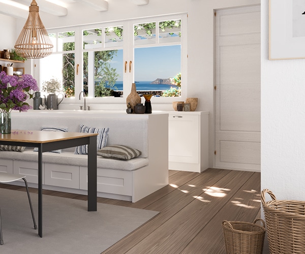 centro kitchen κουζίνα, Banoffee, ανοιχτόχρωμο ξύλο, νησίδα, καναπές, τραπέζι, λευκό χρώμα, πάγκος κουζίνας