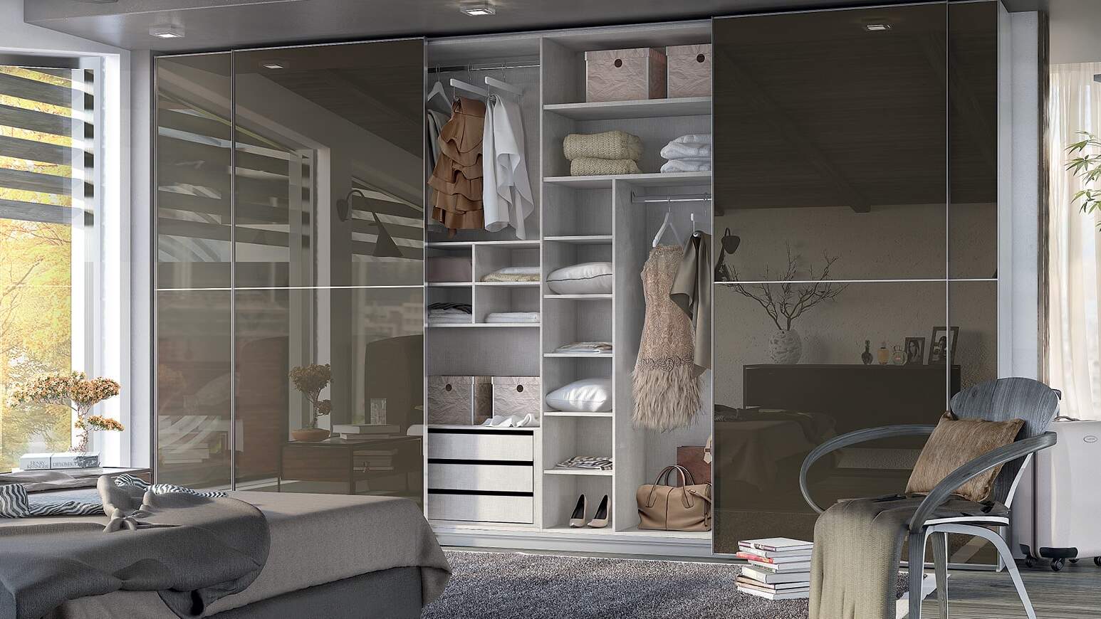 centro kitchen, wardrobe, sliding wardrobe, calm, mirror, glass, aluminum frame