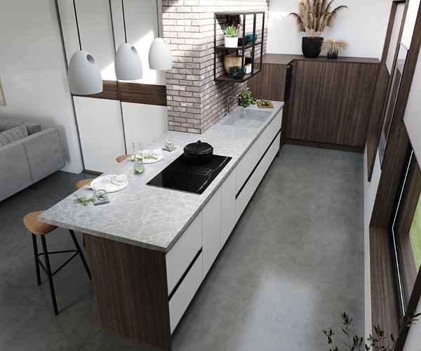 centro kitchen κουζινα, πολυχώρος, eclair, σκούρο ξύλο, ραφια τοίχου, πάγκος κουζίνας