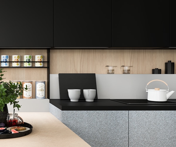 centro kitchen κουζίνα, design, μοντέρνα κουζίνα, glaze, σκούρα γκρι χρώμα, κρεμαστά και υψηλά ντουλάπια, τραπέζι στο χρώμα του ξύλου