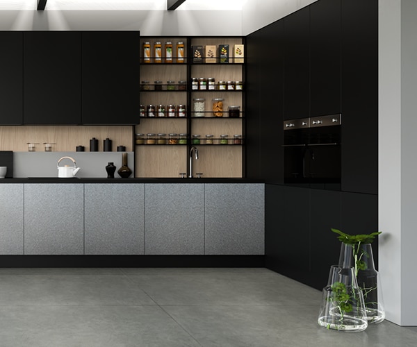 centro kitchen κουζίνα, design, μοντέρνα κουζίνα, glaze, σκούρα γκρι χρώμα, κρεμαστά και υψηλά ντουλάπια, εντοιχισμένος φούρνος