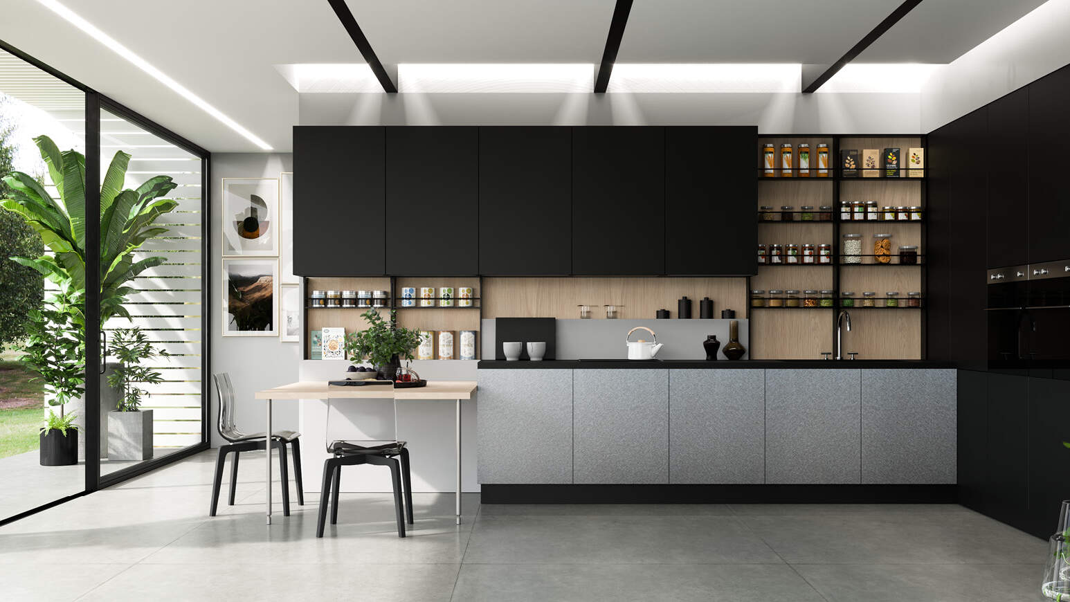 centro kitchen κουζίνα, design, μοντέρνα κουζίνα, glaze, σκούρα γκρι χρώμα, κρεμαστά και υψηλά ντουλάπια, τραπέζι στο χρώμα του ξύλου, εντοιχισμένος φούρνος