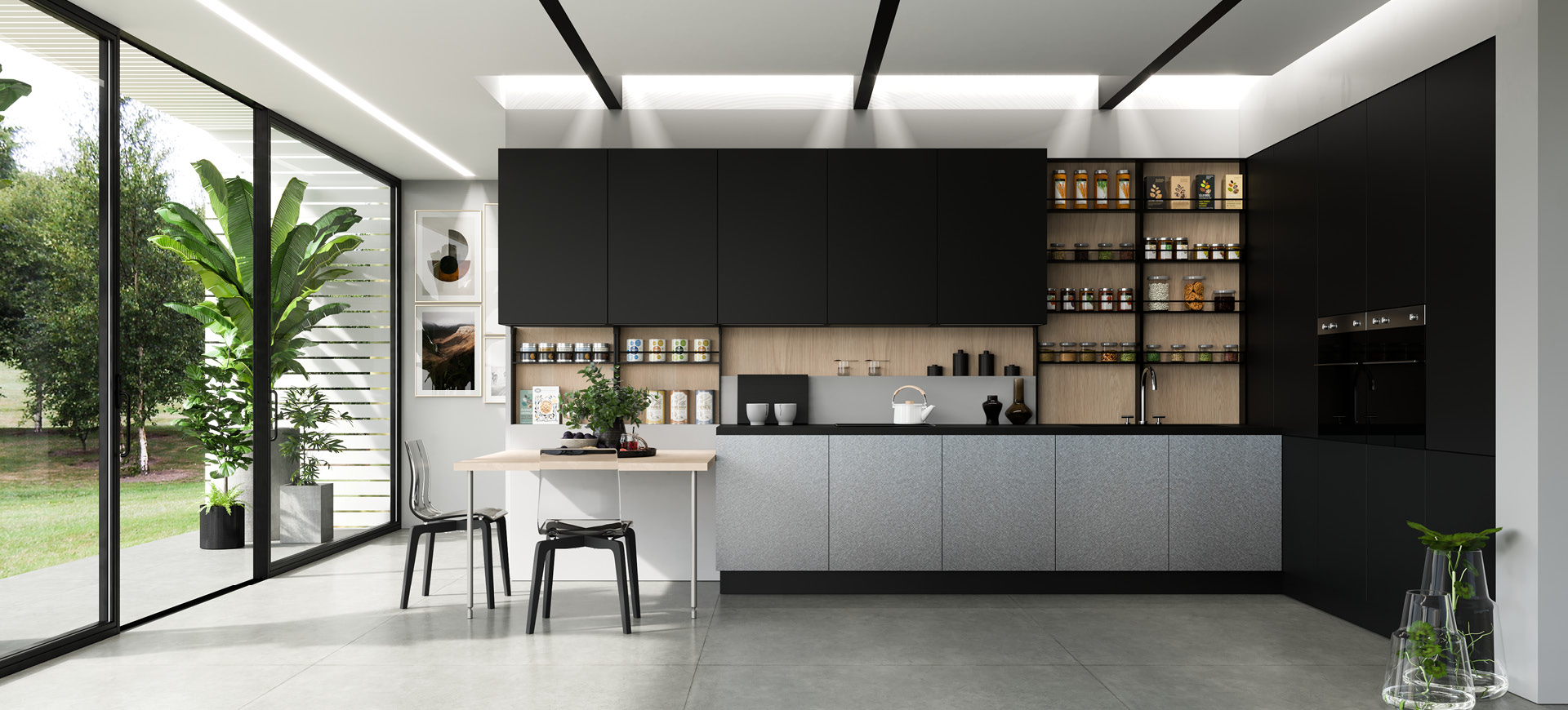 centro kitchen κουζίνα, design, μοντέρνα κουζίνα, glaze, σκούρα γκρι χρώμα, κρεμαστά και υψηλά ντουλάπια, τραπέζι στο χρώμα του ξύλου, εντοιχισμένος φούρνος