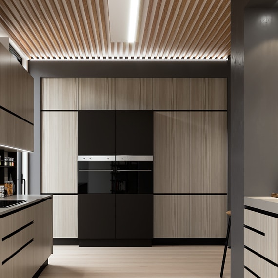 centro kitchen κουζίνα, design, μοντέρνα κουζίνα, toffee, ανοιχτόχρωμο ξύλο, ιδιαίτερο μαύρο πόμολο, υψηλές ανοιχτόχρωμες μονάδες