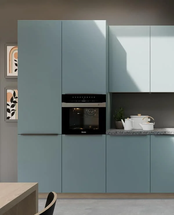 centro kitchen κουζίνα, mint, design collection, μοντέρνα κουζίνα, πράσινα ντουλάπια, ψηλά ντουλάπια, πάγκος κουζίνας, τραπέζι σε ανοιχτόχρωμο ξύλο, νησίδα