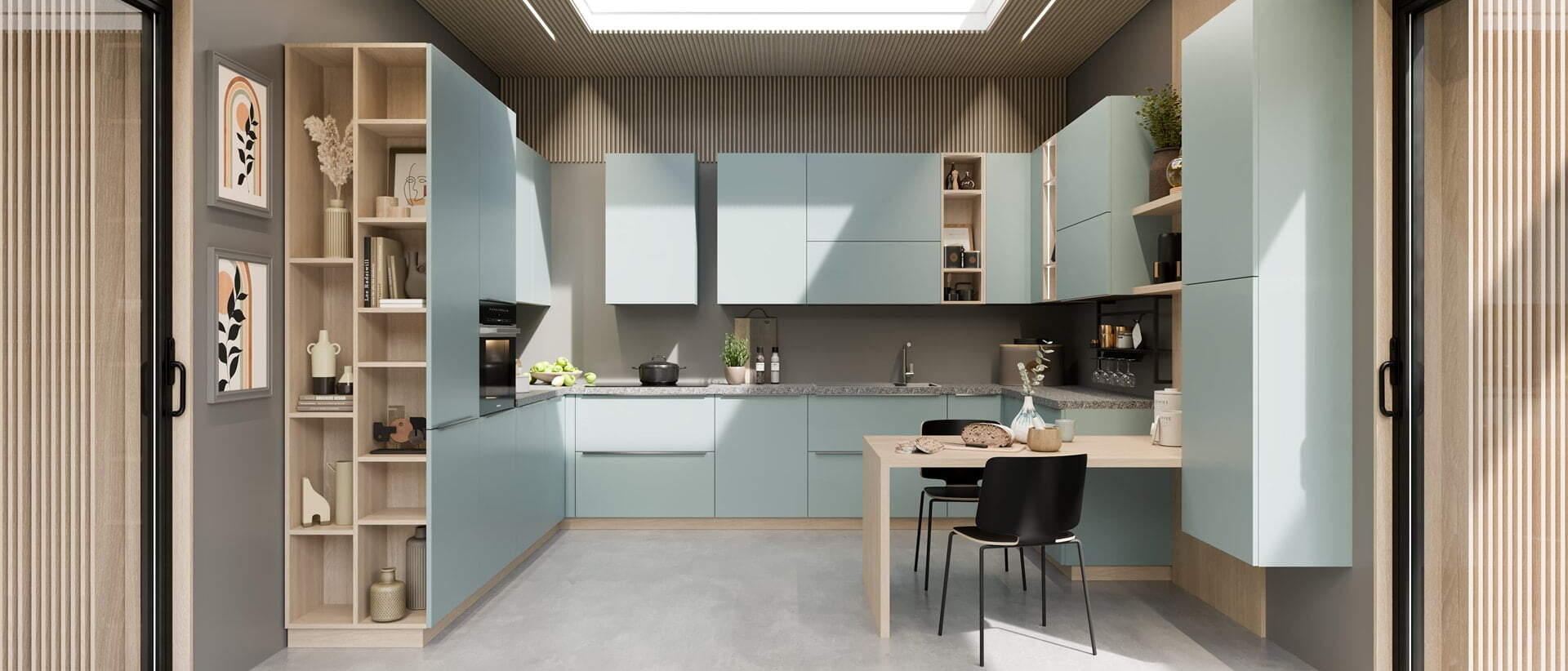 centro kitchen κουζίνα, mint, design collection, μοντέρνα κουζίνα, πράσινα ντουλάπια, ανοιχτόχρωμο ξύλο, εταζέρες, πάγκος κουζίνας, τραπέζι, νησίδα