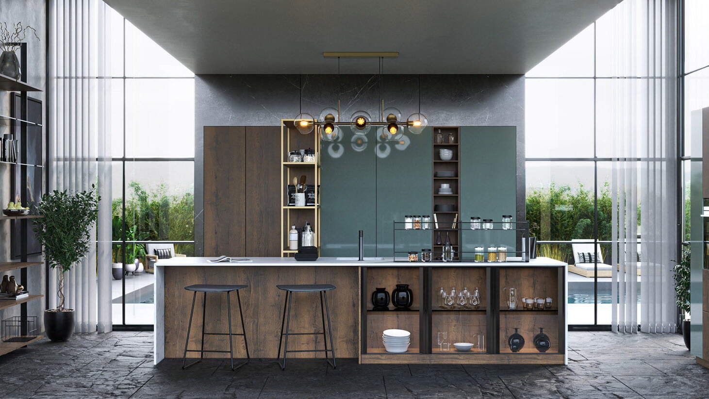 centro kitchen κουζίνα μοντέρνα biscotti νησίδα, ψηλά ερμάρια, εντοιχισμένοι φούρνοι, ραφιέρες, πράσινο χρώμα