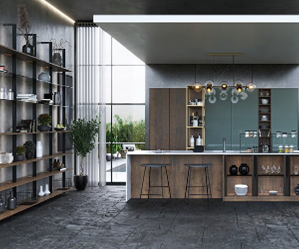 centro kitchen κουζίνα μοντέρνα biscotti νησίδα, ψηλά ερμάρια, εντοιχισμένοι φούρνοι, ραφιέρες, πράσινο χρώμα