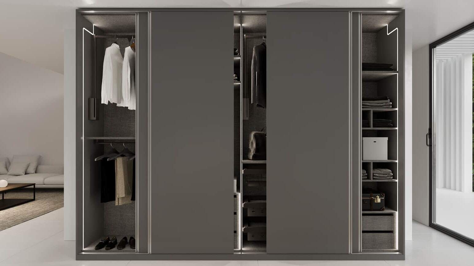 centro kitchen, ντουλάπα, συρόμενη ντουλάπα, valley, λιτές γραμμές, minimal design, λαβή gola, γκρι ματ χρώμα, εσωτερικό ντουλάπας, αποθηκευτικοί χώροι