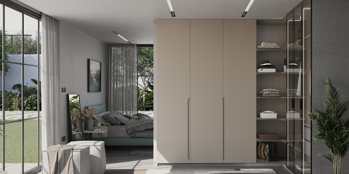 Γωνιακή ντουλάπα σε L-shaped δωμάτιο για μέγιστη αξιοποίηση χώρου