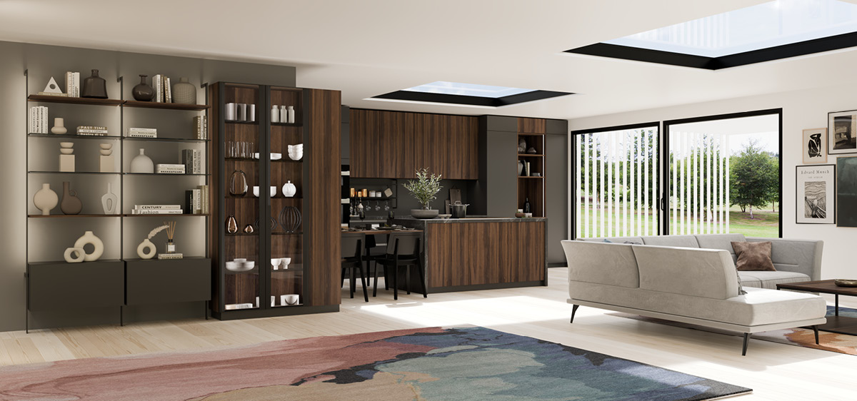 ανοιχτή μοντέρνα κουζίνα με σκούρο ξύλο νησίδα τραπεζαρία και βιτρίνες