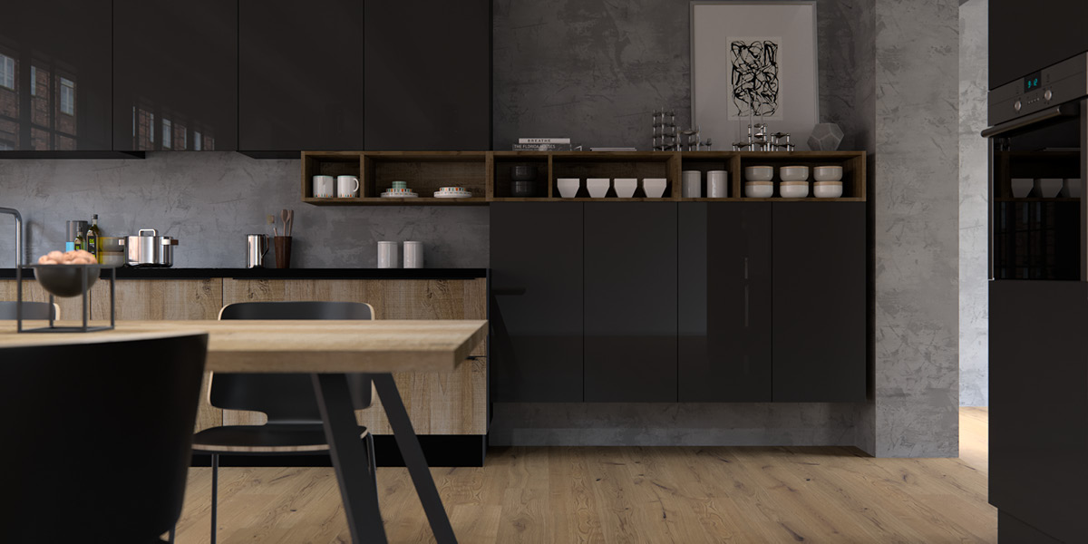 Υλικά industrial κουζίνας – ξύλο, μέταλλο, cement και matte επιφάνειες.