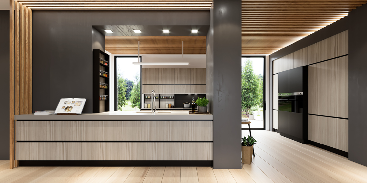 Ενιαίος χώρος open plan με συνεχόμενο δάπεδο και αρμονικά υλικά.