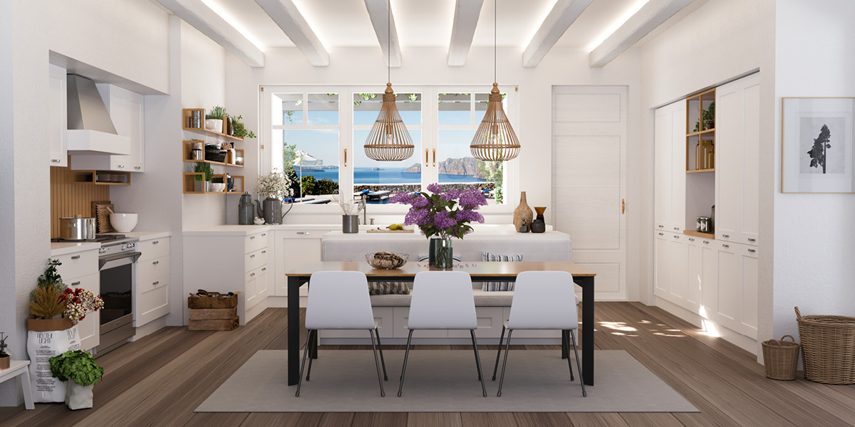 Κουζίνα σε σκανδιναβικό στυλ με λευκά ντουλάπια, φυσικό ξύλο και minimal αισθητική