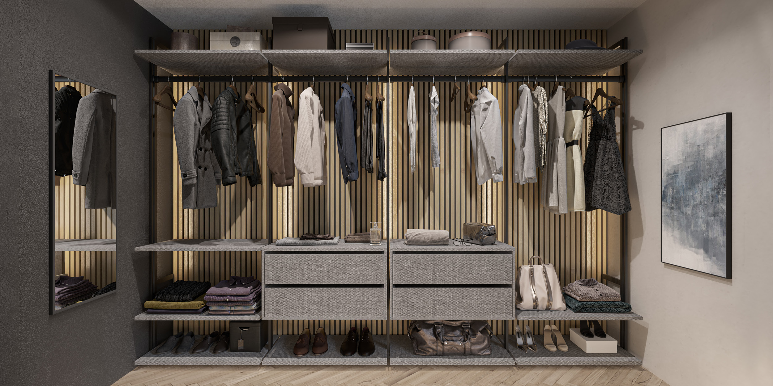 Walk-in closet &mu;&epsilon; &sigma;&omega;&sigma;&tau;ό &phi;&omega;&tau;&iota;&sigma;&mu;ό &kappa;&alpha;&iota; LED &sigma;&tau;&alpha; &rho;ά&phi;&iota;&alpha;